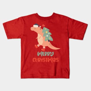 Dinosaur Carrying a Christmas Tree Kids T-Shirt